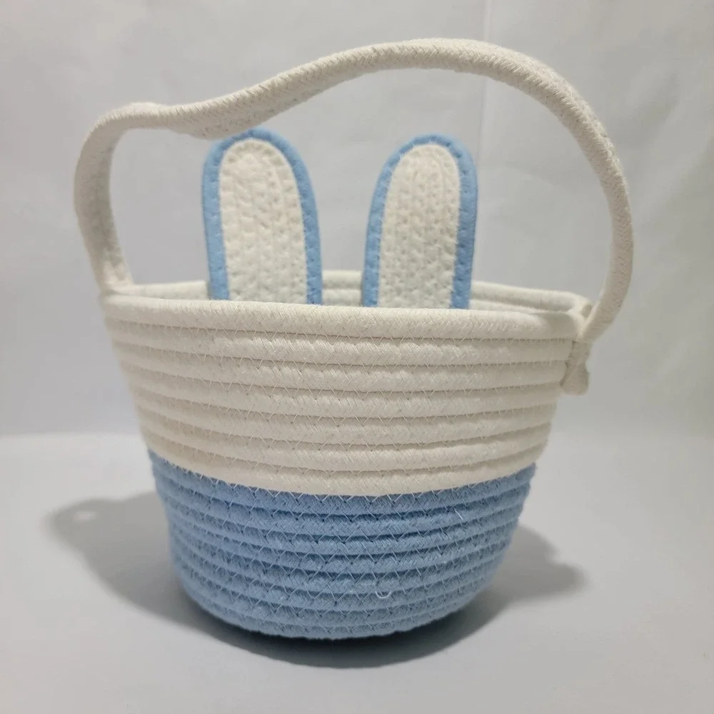Blue White Woven Cotton Rope Bunny Easter Basket Embroidered Face 3D Ears 6in